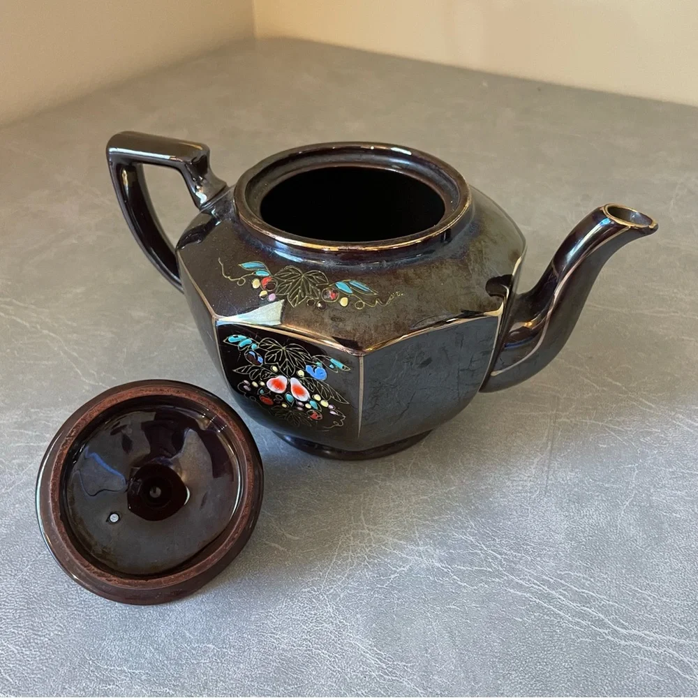 Vintage Mid-Century Japanese Moriage Dark Brown Ceramic Teapot Floral Design